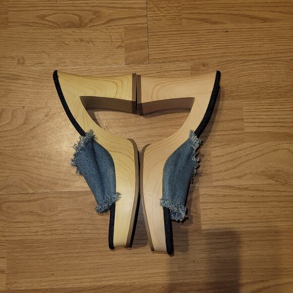Vintage Womens 90s Y2K Denim Sandals Wood Wedge 4" Heels Size 8 Splash - Picture 5 of 10